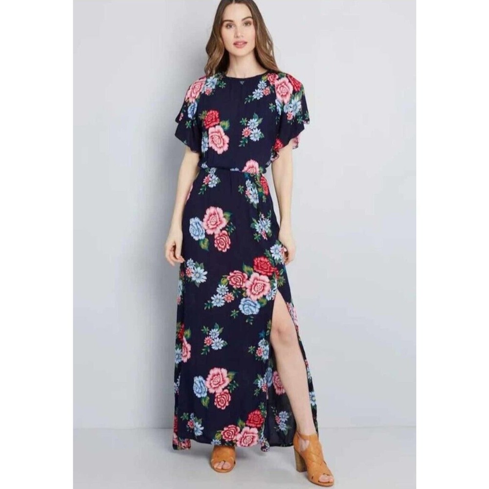 Ruby Rocks Blue Floral Maxi Dress With Slit Size Medium